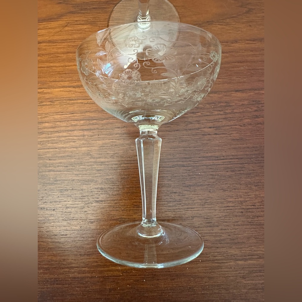 Crystal Etched Art Deco Coupe Champagne Sherbet Glasses 5-1/4” X 4 Set Of 3 Vtg